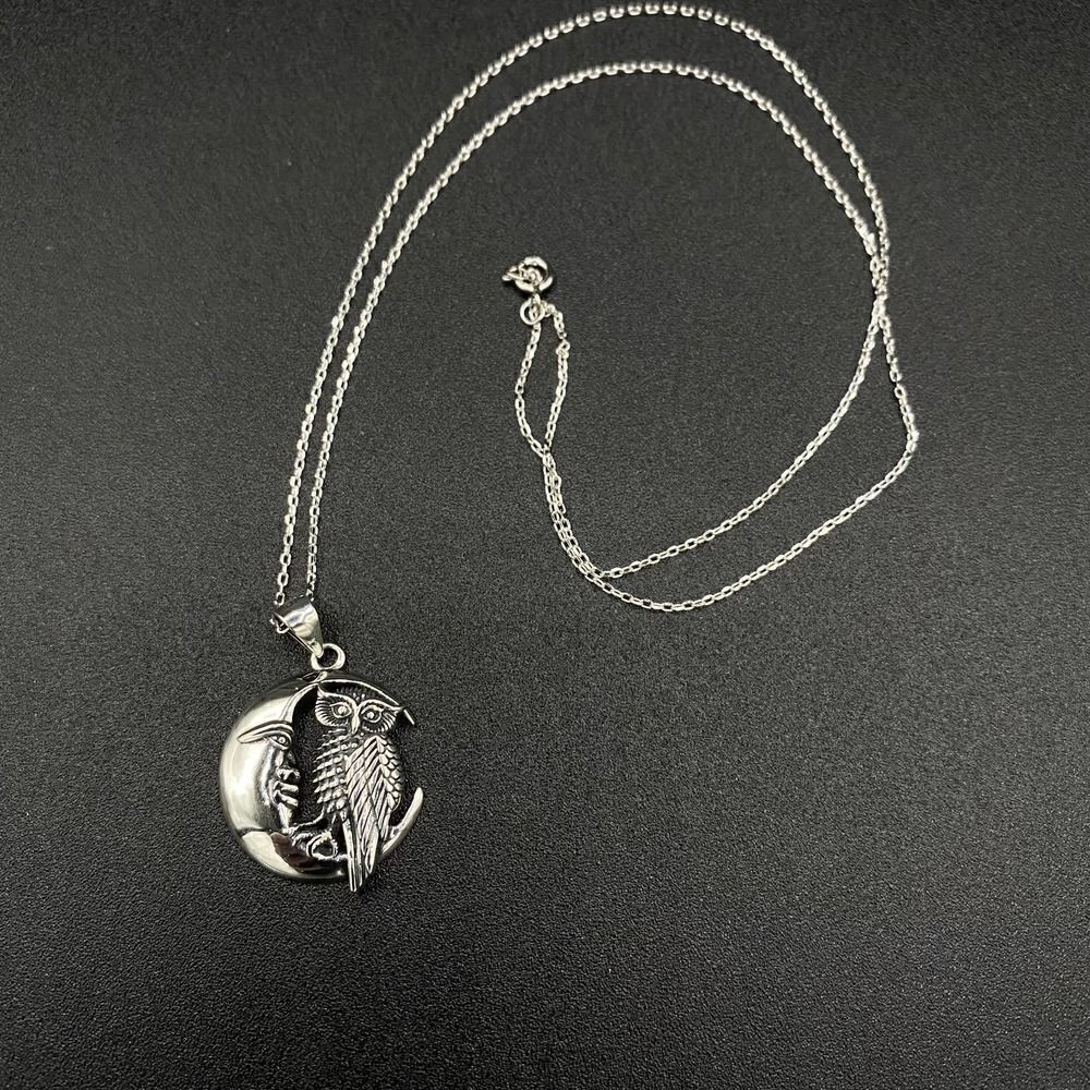 Owl And Moon Sterling Silver Pendant Necklace